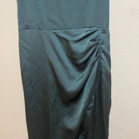 Abercrombie & Fitch Size S Small Dark Green Satin Ruched Slip Dress Side Slit - Picture 5 of 11